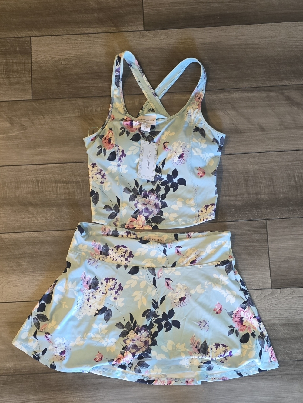 Floral Light Blue Tennis 2 Piece Top & Skirt Set Laura Ashley Size L NWT